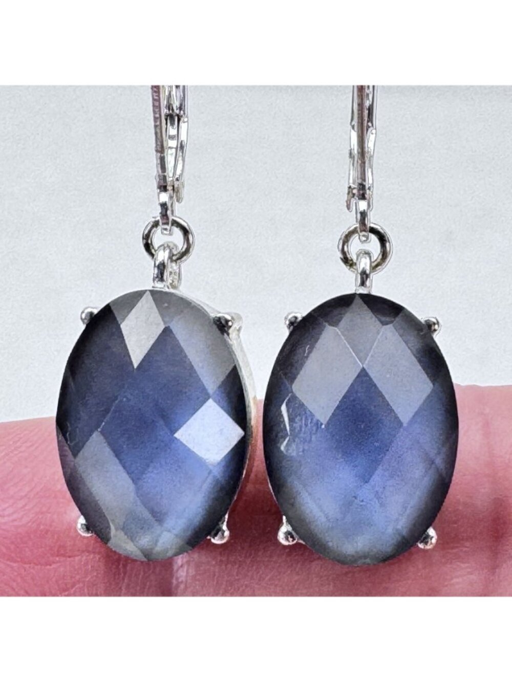 Napier Oval Faceted Blue Gem Leverback Drop Earrings 1.5" Silver-Tone Setting - Picture 2 of 9